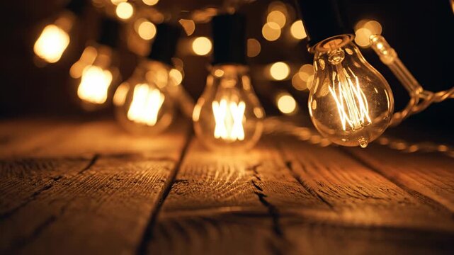 Vintage edison string lights glowing warmly on a rustic wooden table surface with soft bokeh illumination