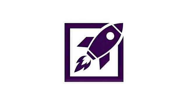 Purple rocket ship icon in square frame on white background
