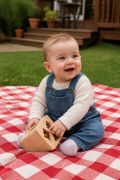 Infant smiling while playing with a wooden block on a picnic blanket