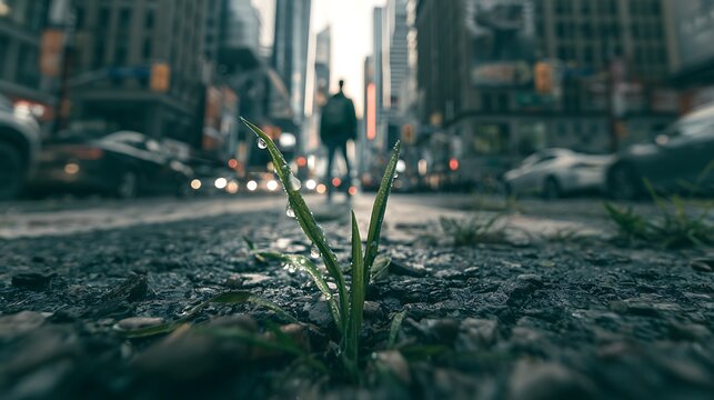 579. A conceptual psychological illustration of Radical Presence. A person standing in the middle of a bustling, fast-paced city intersection, staring intently at a single dewdrop on a blade 