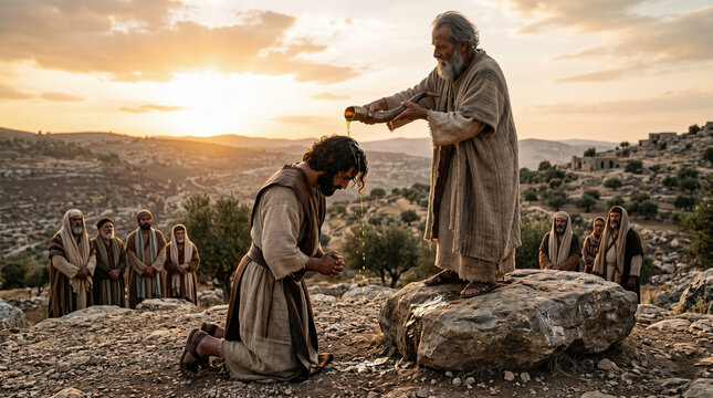 Samuel pouring a flask of anointing oil over the tall, handsome head of Saul, choosing him as Israel's first king