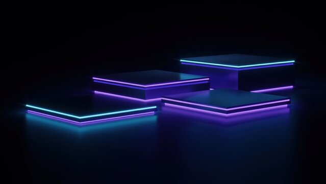 Futuristic glowing neon pedestals shine in the dark background. Modern product display stage concept for tech advertising.