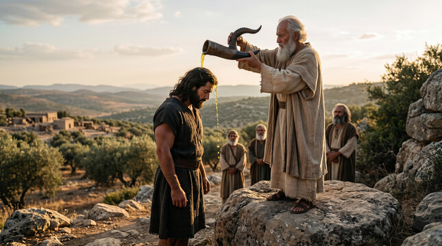 Samuel pouring a flask of anointing oil over the tall, handsome head of Saul, choosing him as Israel's first king