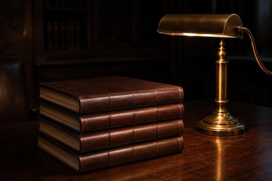 Leather ledgers and a brass desk lamp on dark polished wood