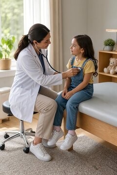 Doctor checking heartbeat of a child in a cozy clinic setting
