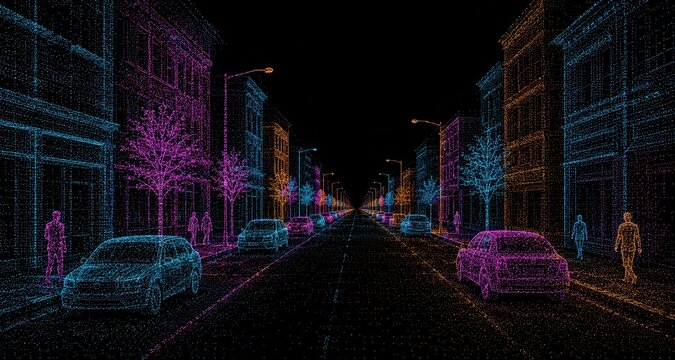 Lidar point cloud scan of a city street in glowing dots