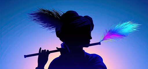 Naklejka premium A divine figure playing flute with colorful feather decoration, silhouetted against a peaceful twilight sky.
