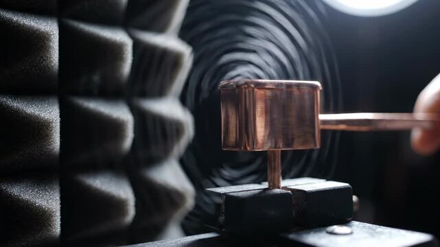 Craftsman polishing a metal part on a rotating grinding wheel in a workshop with acoustic foam wall panels, manufacturing process, industrial production, metalworking details, precision tooling