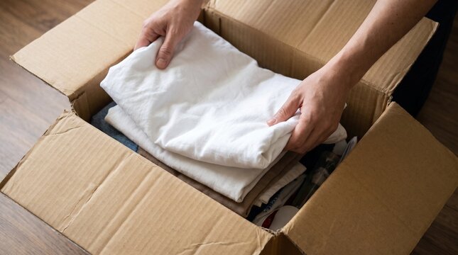 Person packing white bed sheets into a cardboard box for moving or storage