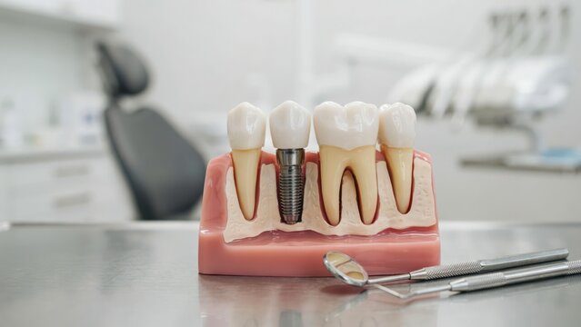 Dental implant model demonstrating artificial tooth structure placed in jawbone with medical tools on table. Professional concept for dentistry and oral healthcare advertising.