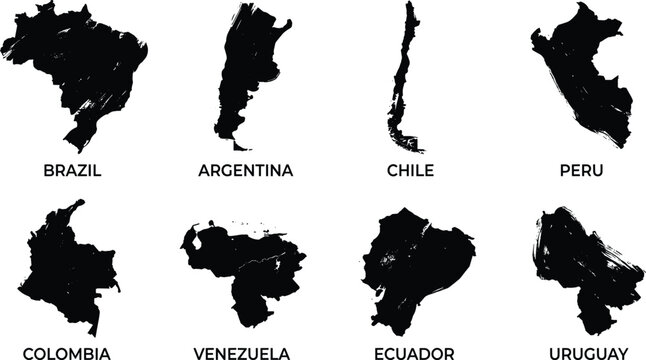 Set of eight south american country maps rendered in black ink brush stroke style on white