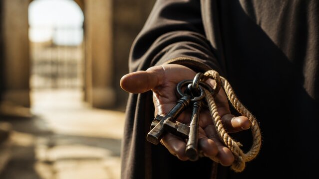 Close-up of hand holding ancient iron prison keys on rope in praetorium corridor. Symbol of Passover amnesty and pardon when Pilate offers to release Barabbas instead of Jesus. Biblical Easter story