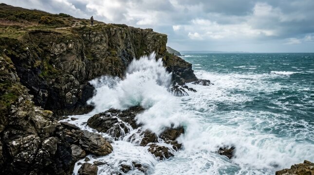 The crashing waves visible from the rocky edge of the beach.