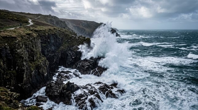 The crashing waves visible from the rocky edge of the beach.
