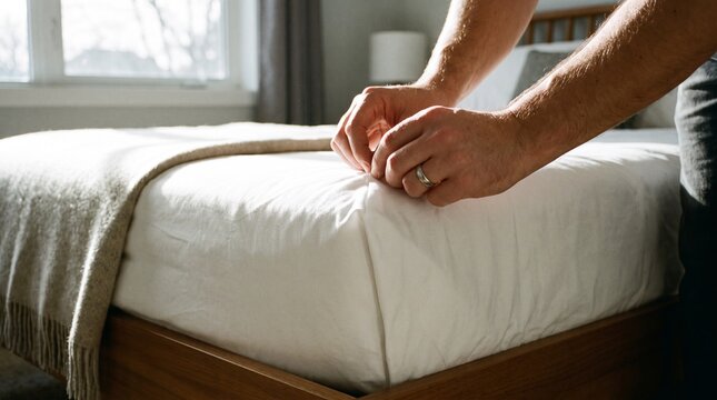 Person smoothing crisp white bed sheets in a bright bedroom interior