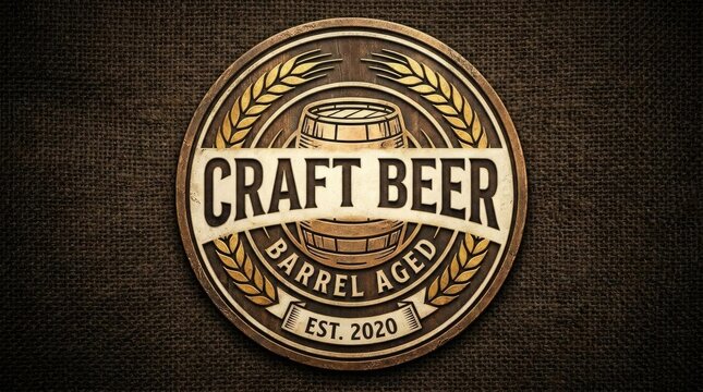 Vintage circular craft beer brewery badge on wood.