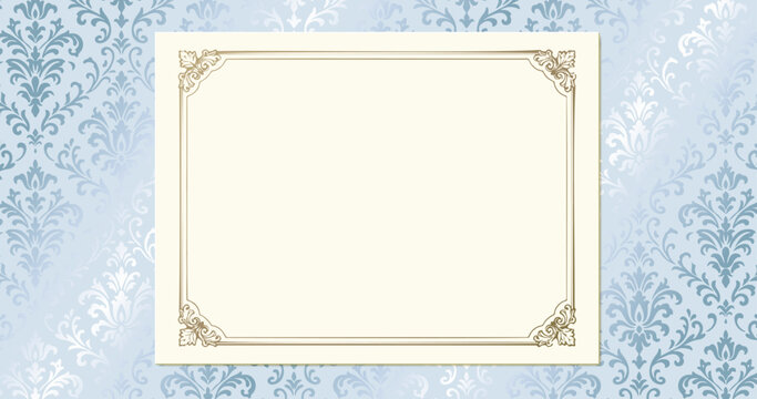Vintage luxury frame card template on blue damask background with copy space