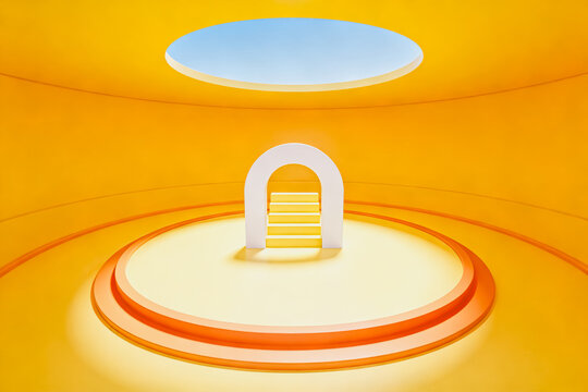 A minimalist digital interior rendering featuring a circular skylight, arched doorway, and tiered circular platform in warm yellow tones.