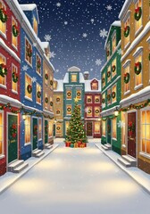 Naklejka premium A charming winter town street glows with warm lights and falling snow, featuring colorful buildings with wreaths and a central holiday tree, peaceful, nostalgic, magical