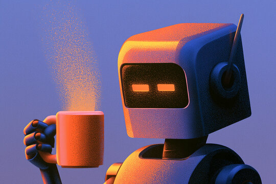 robot holding hot coffee mug vintage textured editorial print