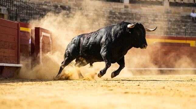 IA generated render of a powerful black Spanish bull running across the sand in a full bullring arena with spectators.