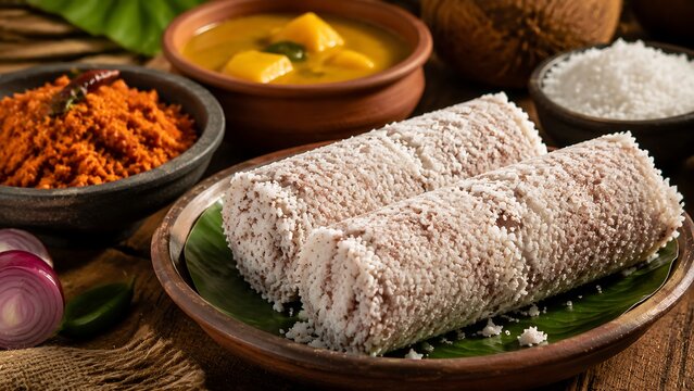 Authentic Sri Lankan Pittu Breakfast With Steamed Rice Coconut Rolls, Spicy Sambol and Curry Served in Traditional Style for Restaurant Menus and Cultural Food Marketing