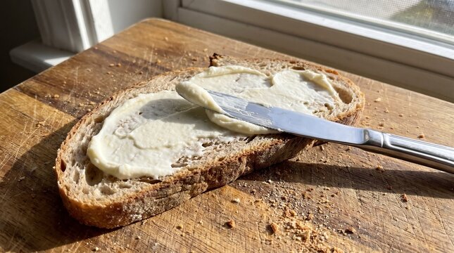 Spreading butter on a slice of whole grain bread with a knife on a wooden cutting board