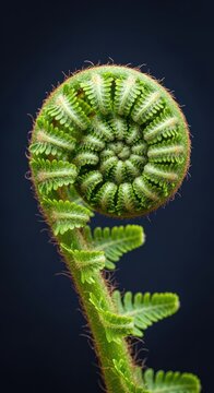 A detailed macro shot of a green fern fiddlehead unfurling in a perfect spiral, set against a solid dark background for high contrast, dark, budding, leaf