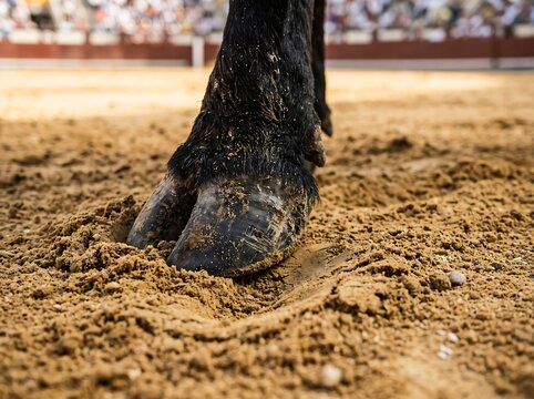 IA generated low angle close-up of a black Spanish bull's hooves charging and kicking up sand in a red bullring arena.