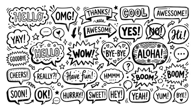 Speech bubble set with hand-drawn illustrations featuring dialogue, exclamations, and greetings with text and doodles