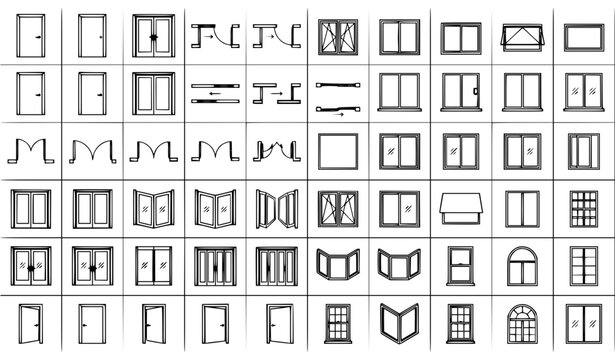 Architectural Door and Window Symbols in Plan and Elevation Views for Floor Plans and Technical Drawings