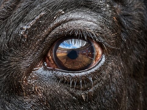 IA generated macro close-up of a black Spanish bull's eye reflecting a bullring arena and sky in its pupil.