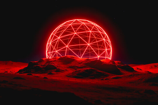 A bright red glowing geodesic dome structure sits on a rocky alien planetary surface under a starry dark sky, representing futuristic space exploration.