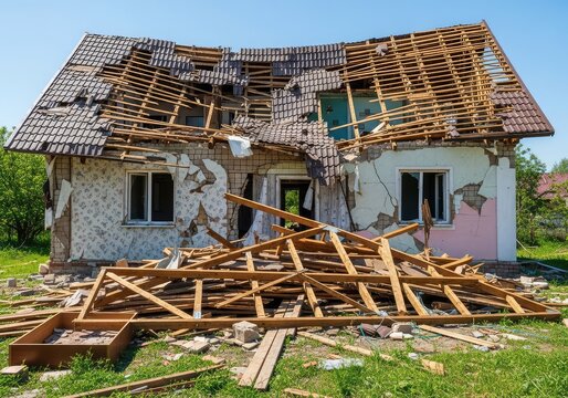 A residential building stands in total ruins with a collapsed roof, shattered walls, and piles of wooden debris scattered across the yard, house, aftermath, home