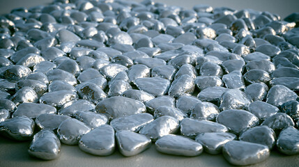 Obraz premium Shiny Silver Metallic Decorative Stones With Smooth Textures Scattered On A Light Background