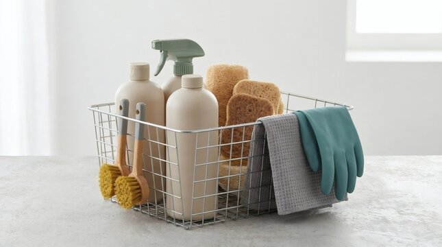 Organized wire basket filled with eco-friendly cleaning supplies and towels on a kitchen counter.