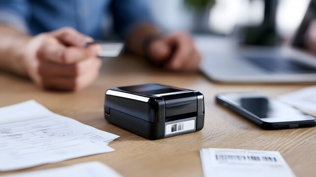 A compact black label printer sits on a wooden desk surrounded by papers  a smartphone  and a person s hands holding a card