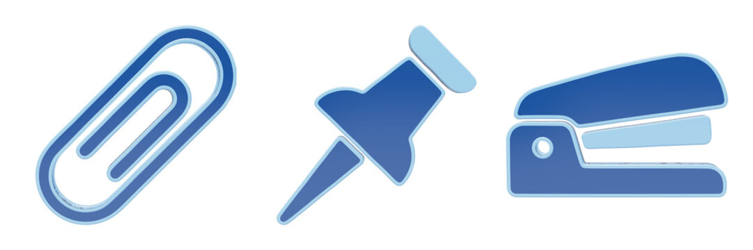 Glossy blue paperclip pushpin and stapler icons for office supplies and stationery categorization
