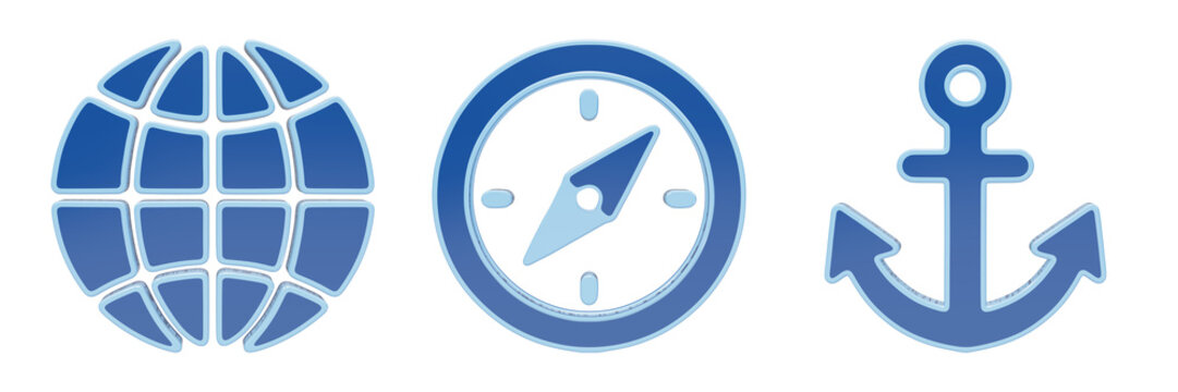 Set of blue geographic navigation icons including globe compass and anchor on transparent background