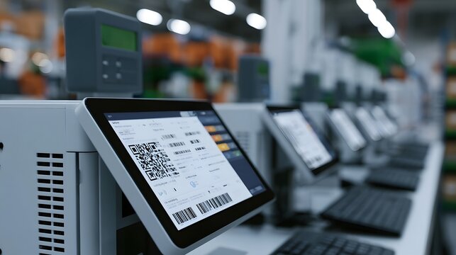 Modern inventory management system with touchscreens displaying QR codes and barcodes in a warehouse setting