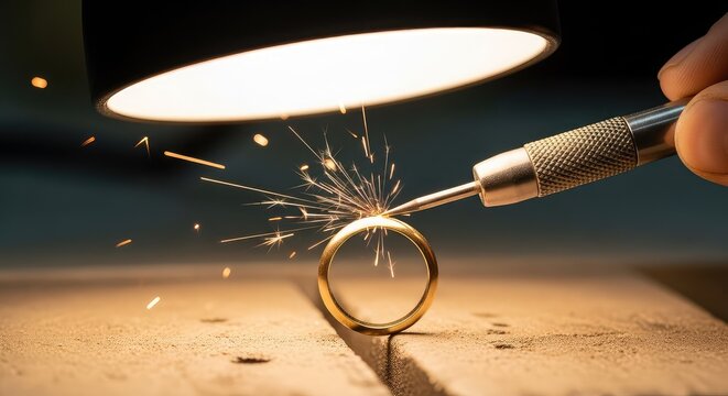 Close-up of a gold ring being crafted under a bright lamp, with glowing sparks flying as tools meticulously refine the metal surface with care, handmade, creation, metal