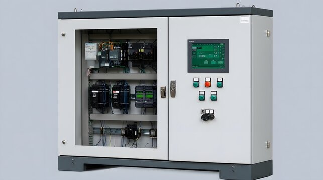 Industrial control cabinet with digital display and circuitry visible inside  featuring ope nal buttons and safety locks