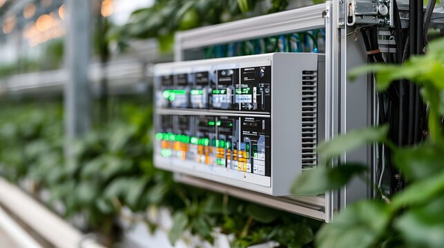 Control panel with illuminated indicators mounted in a greenhouse among lush green plants