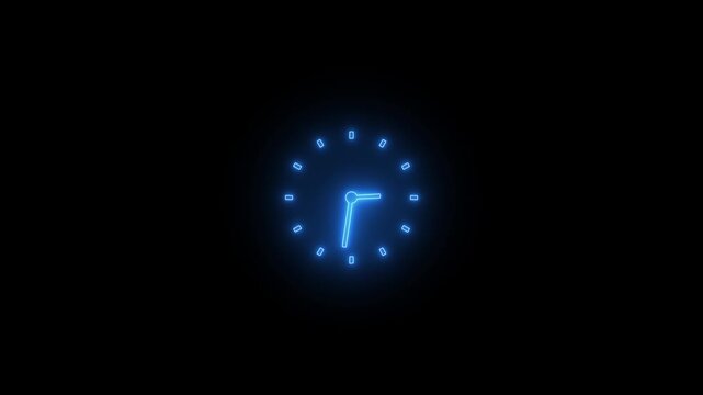 Neon sign clock icon animation with on a black background. Watch shows the running time. Counting 24 Hours. Clock icon with moving arrows.