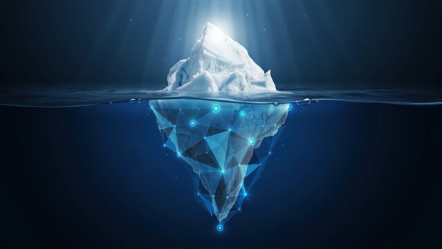 Digital iceberg with glowing network underwater. Data storage and deep web concept for technology marketing.