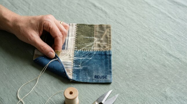 Individual hand sewing piece of fabric to create patchwork in support of circular economy and material life extension
