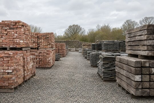Salvaged bricks and timber stacked at a reclamation yard