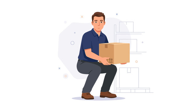 Man lifting box with proper technique, warehouse setting, vector illustration