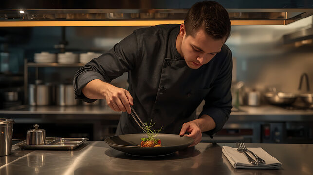 Focused Professional Chef Plating Gourmet Dish with Tweezers in Fine Dining Kitchen