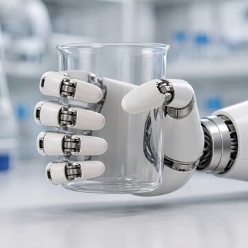 Articulated robotic prosthetic hand gripping a glass beaker on a bench
